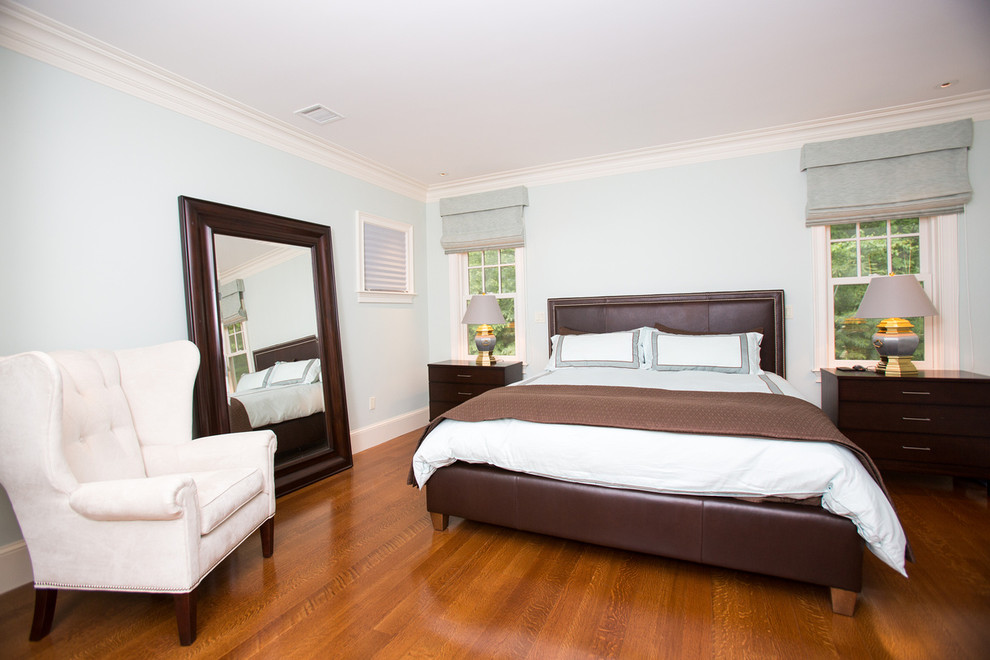 This is an example of a traditional guest bedroom in Boston with medium hardwood floors, no fireplace and blue walls.