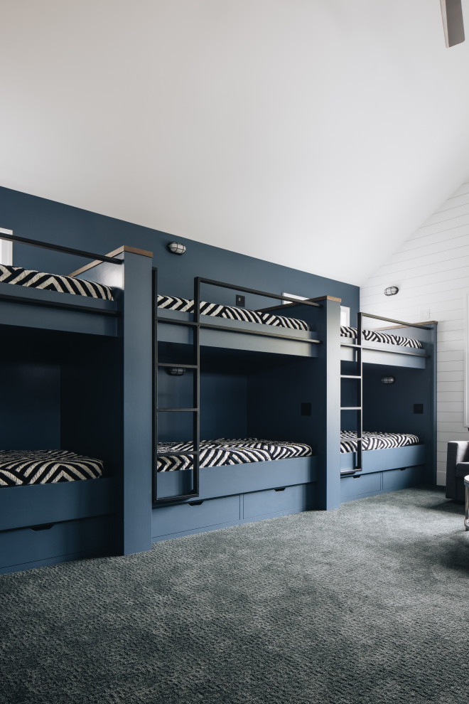 Bunk Room - Inspiration for a large coastal carpeted, gray floor, vaulted ceiling and shiplap wall kids' room remodel in Grand Rapids with white walls and no fireplace