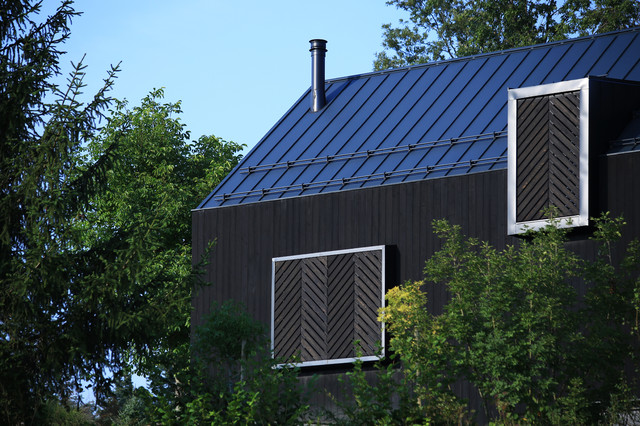 Black lodge and a walnut tree trendy-hus-og-facade