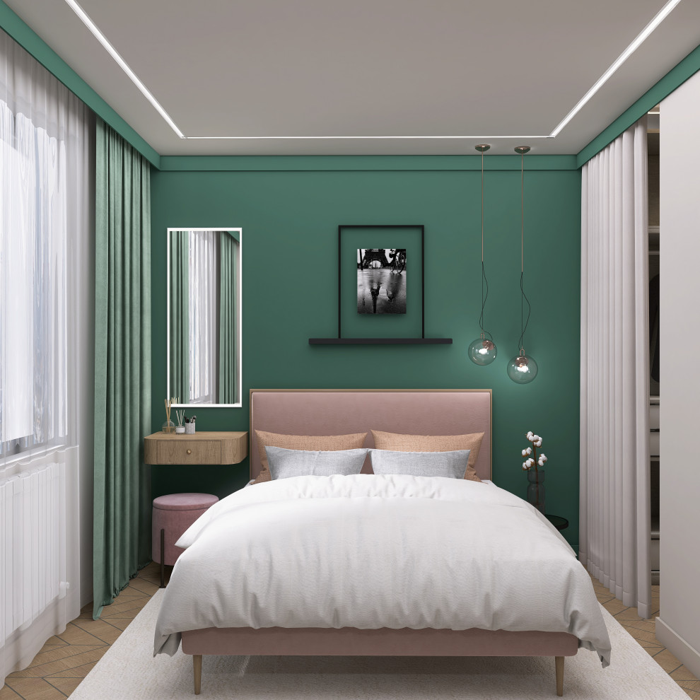 Квартира-студия 24 м2 "Зеленая гармония с розовым акцентом"