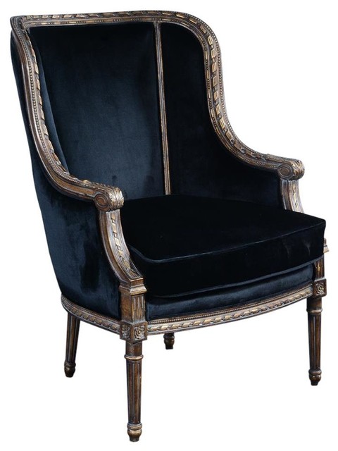 Bergere Chair Louis XVI French Hand-Carved Wood Antiqued Gold  Black