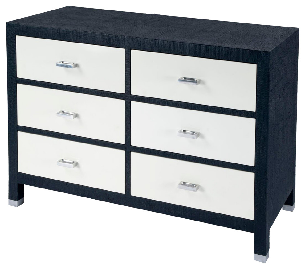 Offex Modern Rectangular 6 Drawer Navy and White Raffia Double Dresser Contemporary Dressers