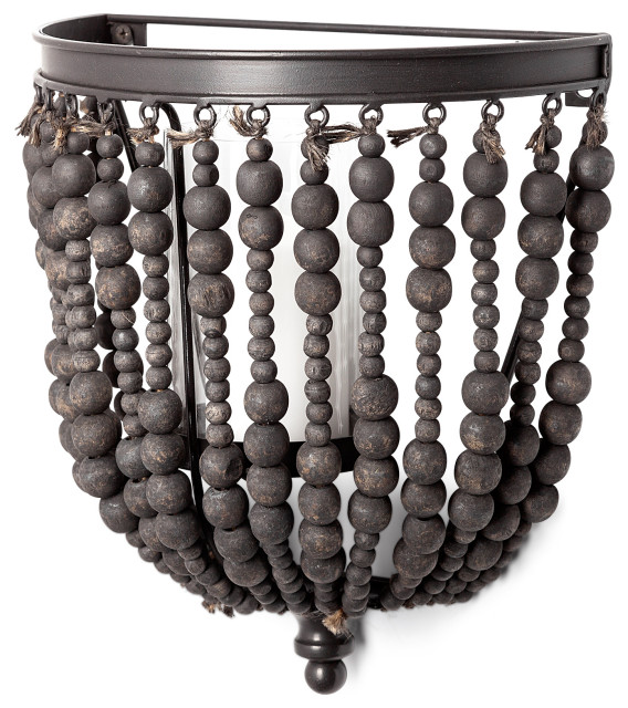 Liam Black Metal Frame With Wooden Beads Wall Candle Holder
