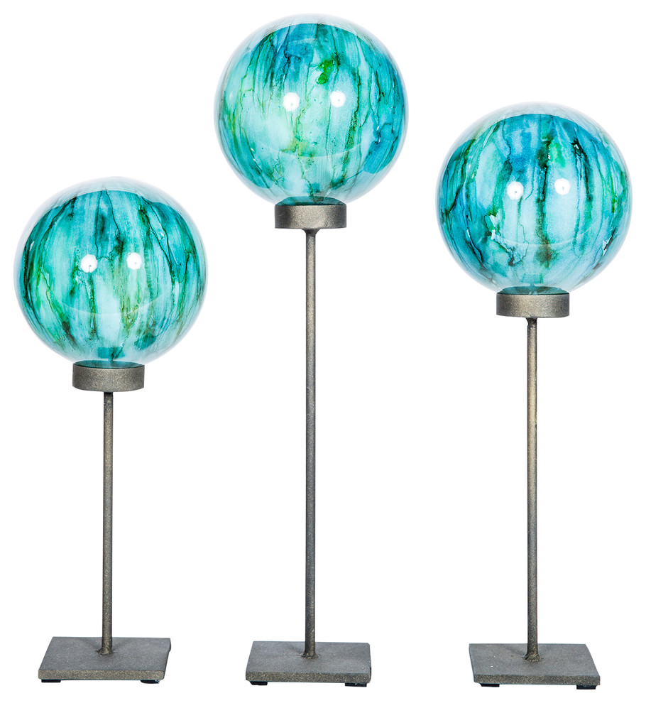Decorative Glass Spheres Stand Lake Como Finish, 3 Piece Set