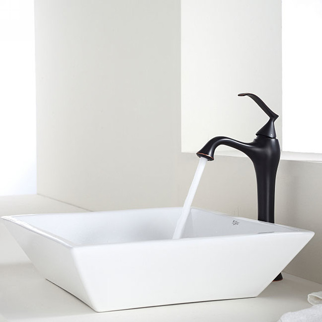 Kraus Bathroom Combo Set Counter-Mount White Ceramic Sink/Faucet