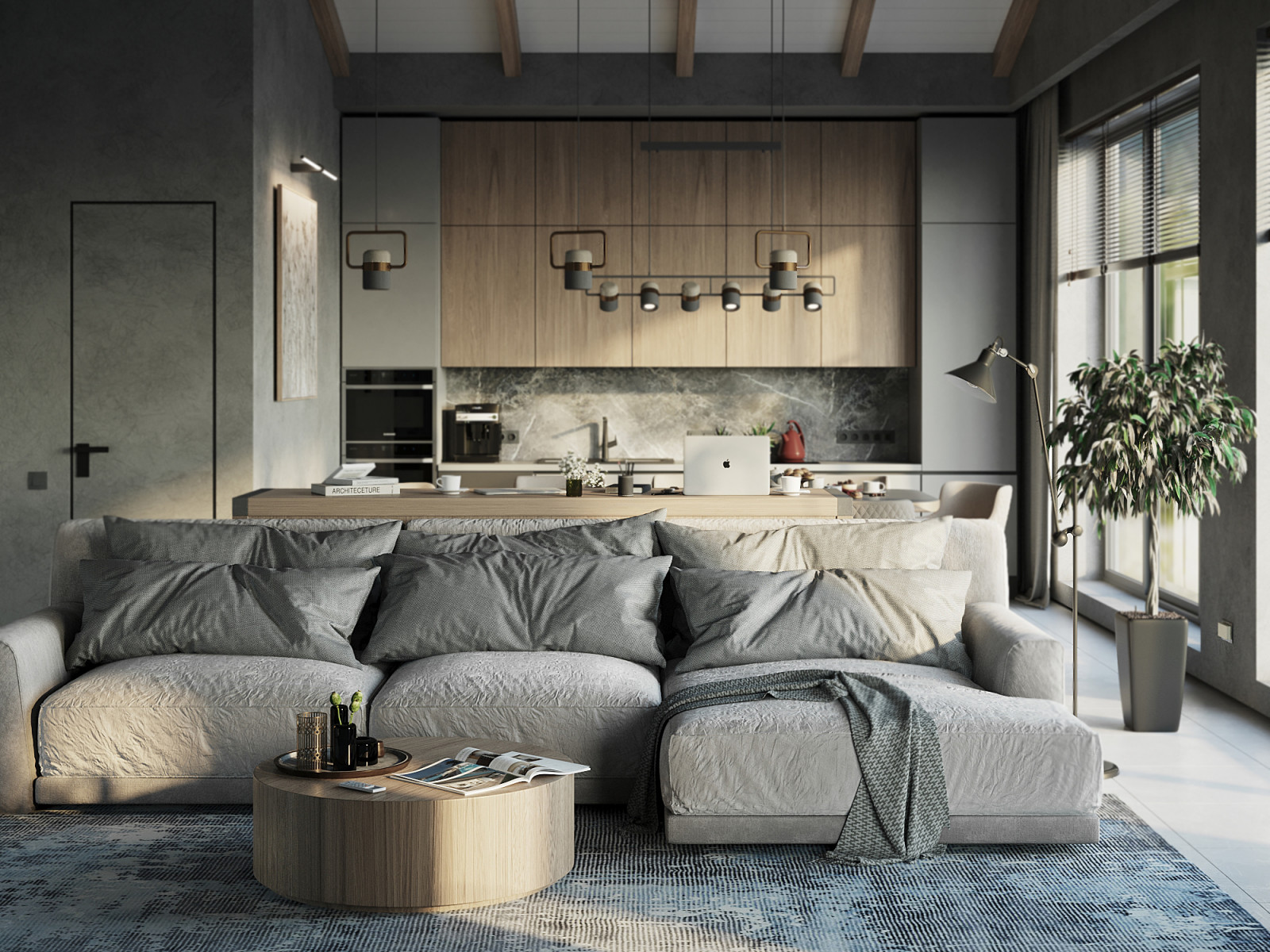 Диванная зона с видом на кухню - столовую.