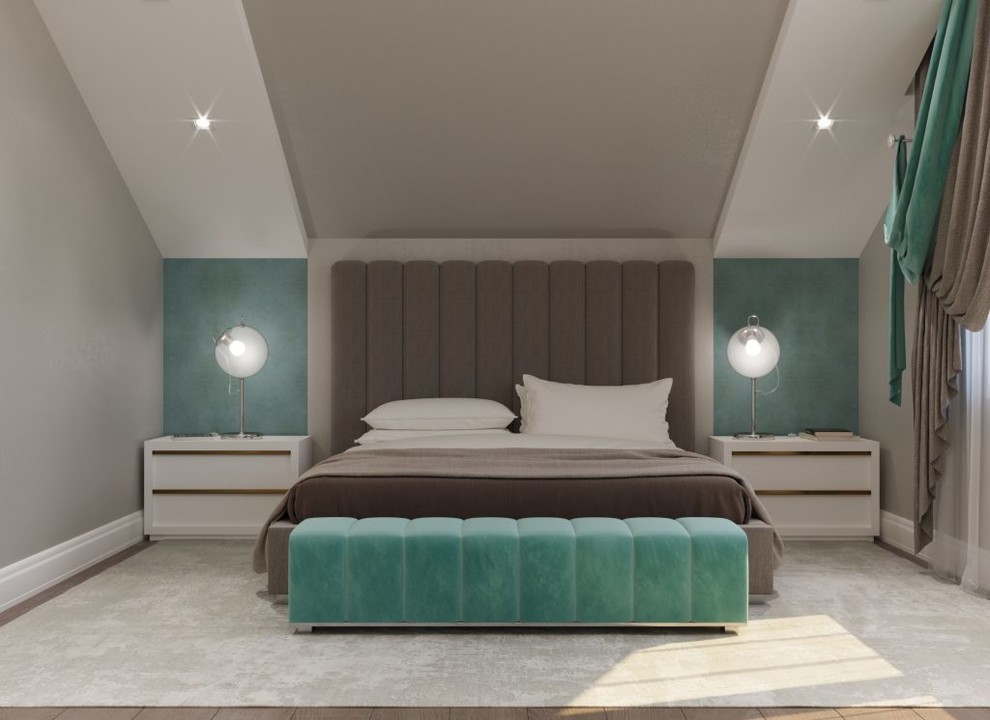 Спальня на мансарде в бирюзовых тонах