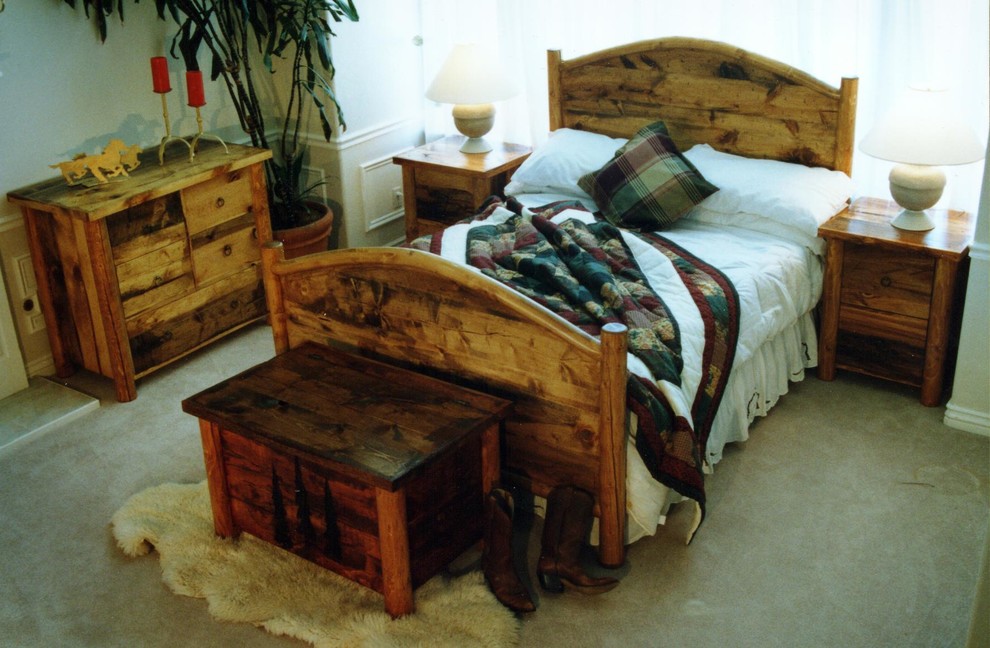 Example of a large arts and crafts master carpeted and gray floor bedroom design in Salt Lake City with beige walls and no fireplace
