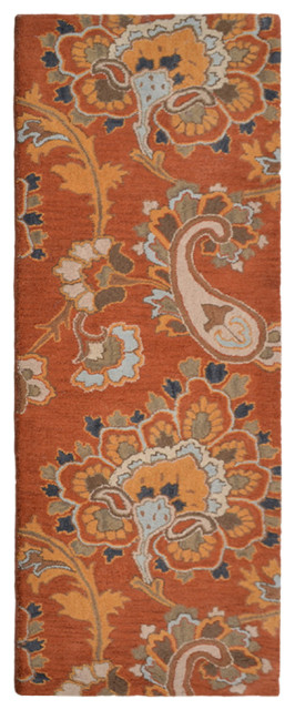 Hand Tufted Wool Area Rug Floral Orange, [Runner] 2'6