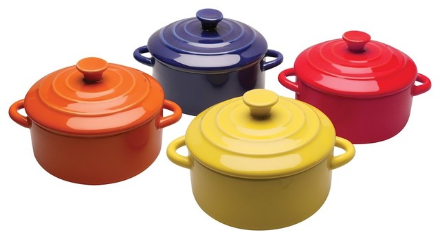 Multi Colored Mini Casserole Pots - Set of 4 - 8-ounce Stoneware Dishes