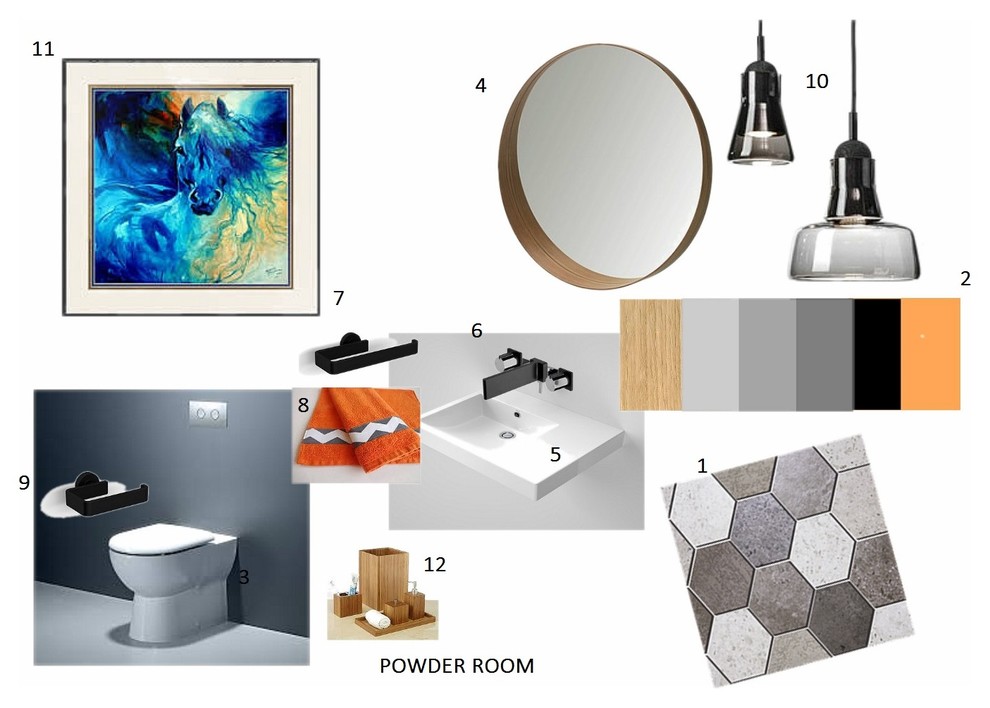 Design ideas for a small modern powder room in Sydney with orange walls and mosaic tile floors.
