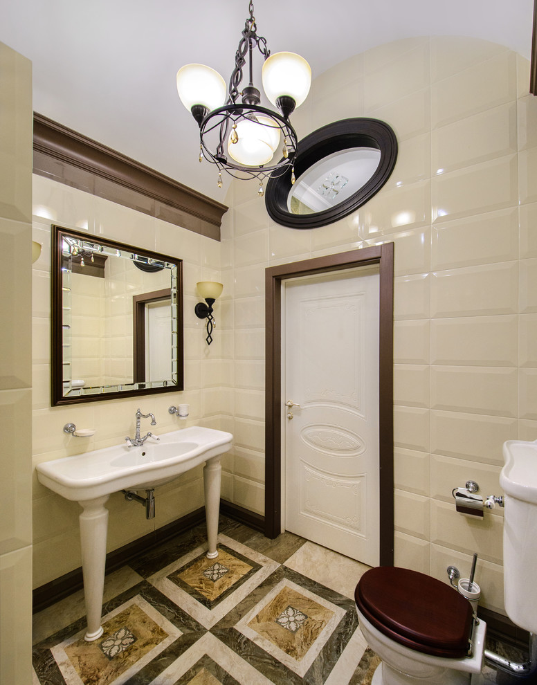 This is an example of a mid-sized traditional 3/4 bathroom in Novosibirsk with beige tile, a console sink, an open shower, an urinal, ceramic tile, beige walls, porcelain floors, an open shower, an enclosed toilet, a single vanity and vaulted.