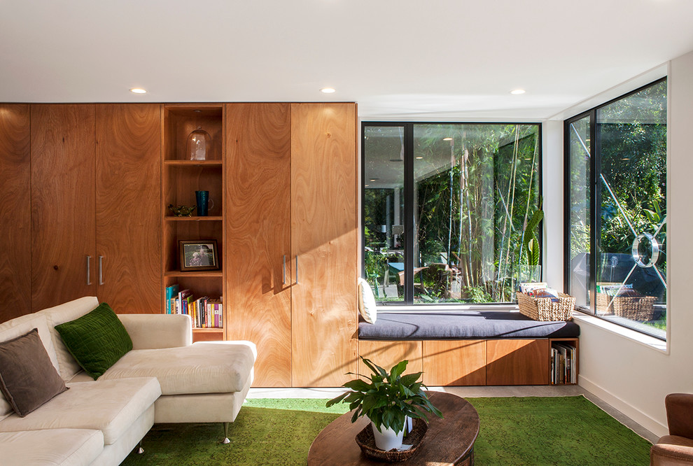 This is an example of a contemporary open concept living room in Auckland.