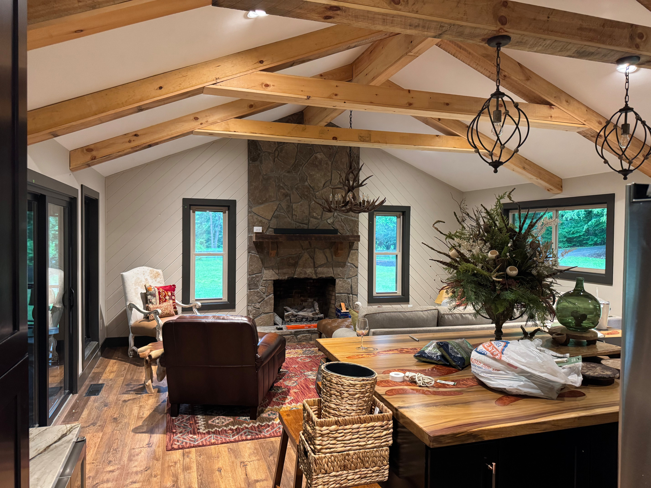 Rustic Contemporary Kitchen/Living Room Remodel with Exposed Timber Trusses