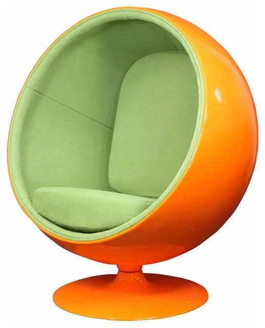 MODERN BALL SHAPED ORANGE AND GREEN LOUNGE CHAIR INSPIRED BY EERO AARNIO DESIGN