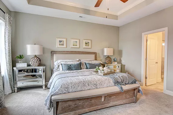 Large master bedroom in Other with grey walls, carpet, no fireplace and beige floor.