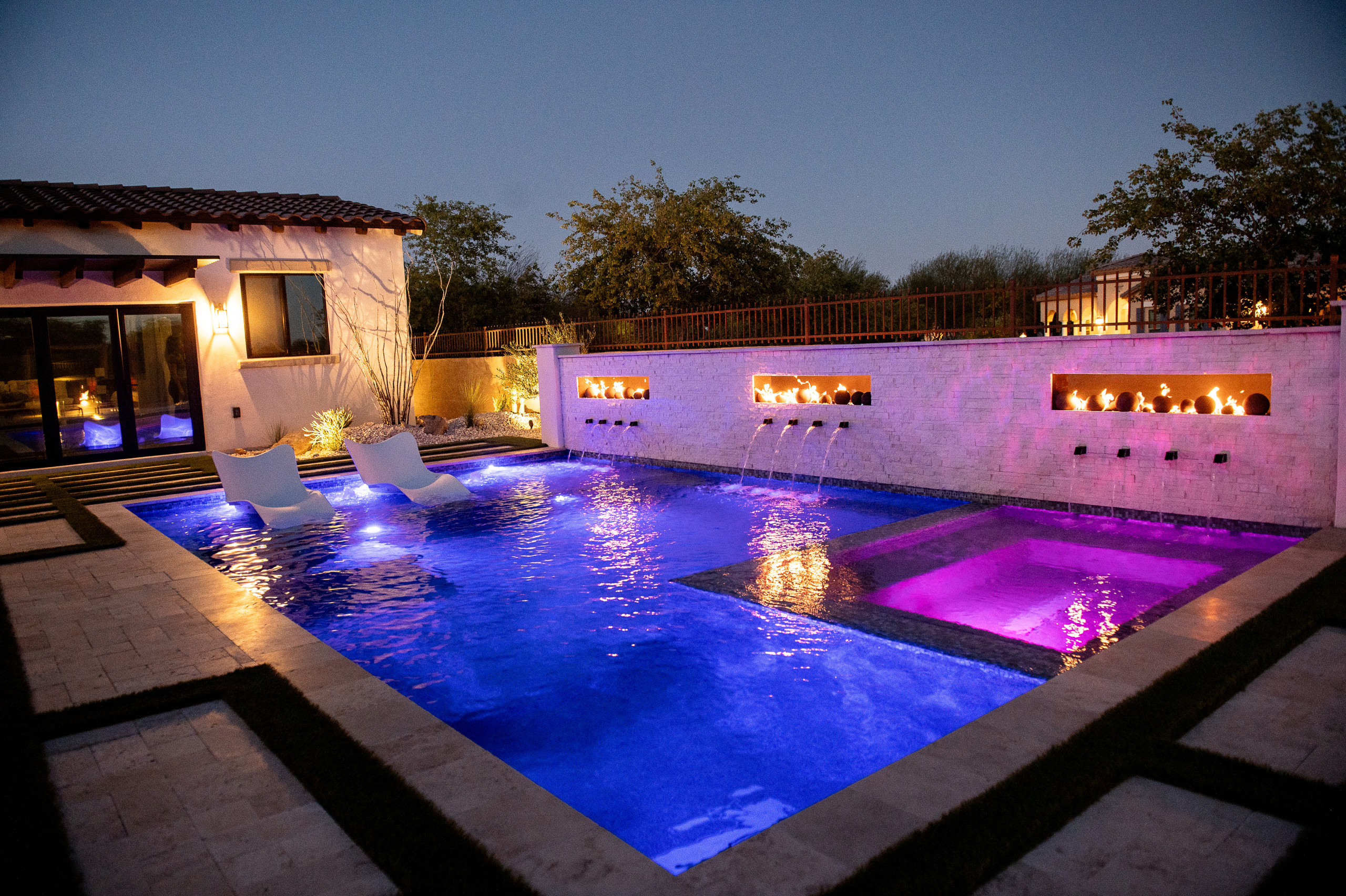 Swimming pool, Water/fire feature wall. landscape lighting