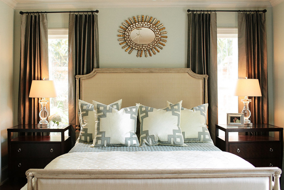 Photo of a transitional bedroom in Charlotte with blue walls.
