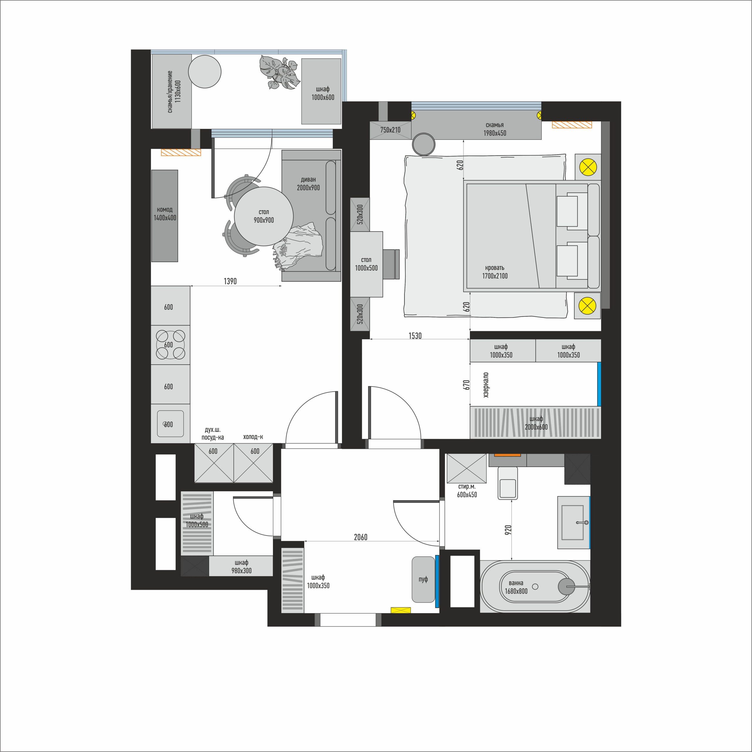 Поиск планировки: 46 кв.м с кухонным островом [6 вариантов] | Houzz Россия