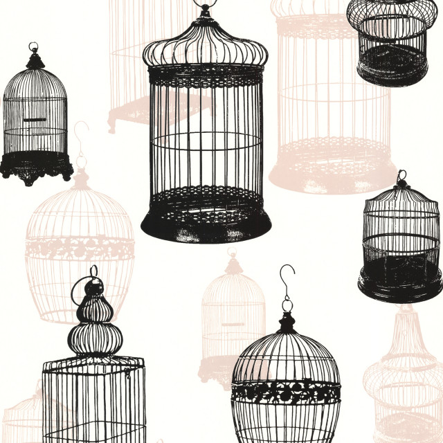 Avian Black Bird Cages Wallpaper,, Sample Contemporary Wallpaper by Brewster Home Fashions