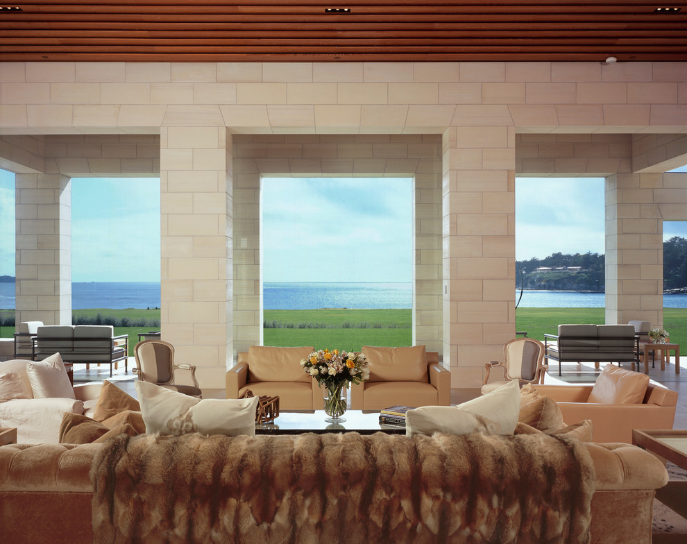 This is an example of a large beach style living room in San Francisco.