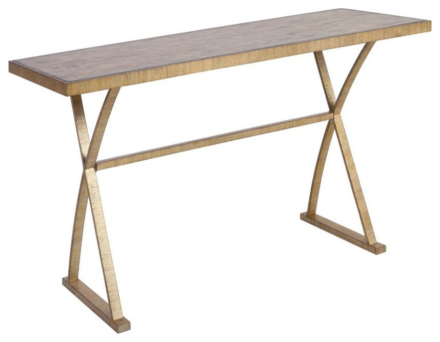 Modern Farmhouse Trestle-Style Console Table in Bright Aged Gold Finish Solid