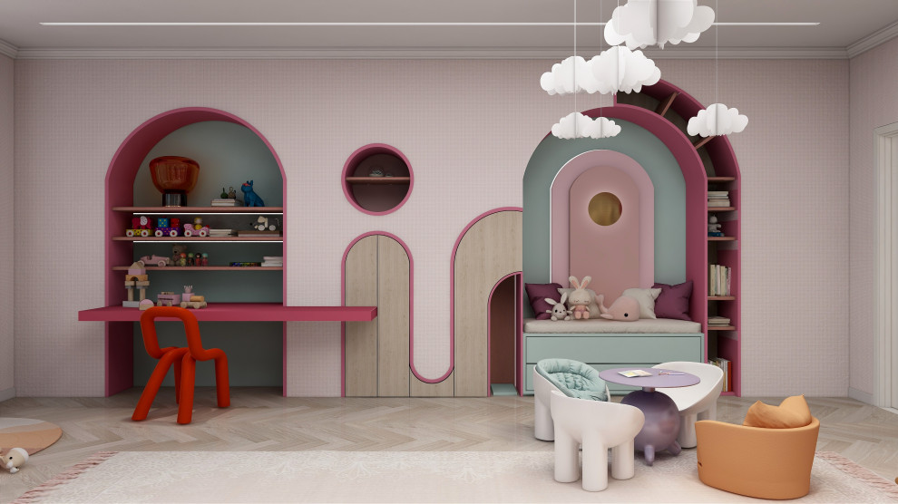 Источник вдохновения для домашнего уюта: большая детская в стиле модернизм с спальным местом, розовыми стенами, светлым паркетным полом, бежевым полом, многоуровневым потолком и обоями на стенах для ребенка от 4 до 10 лет, девочки