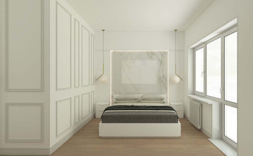 На фото: хозяйская спальня среднего размера в средиземноморском стиле с белыми стенами, полом из винила, бежевым полом и панелями на стенах