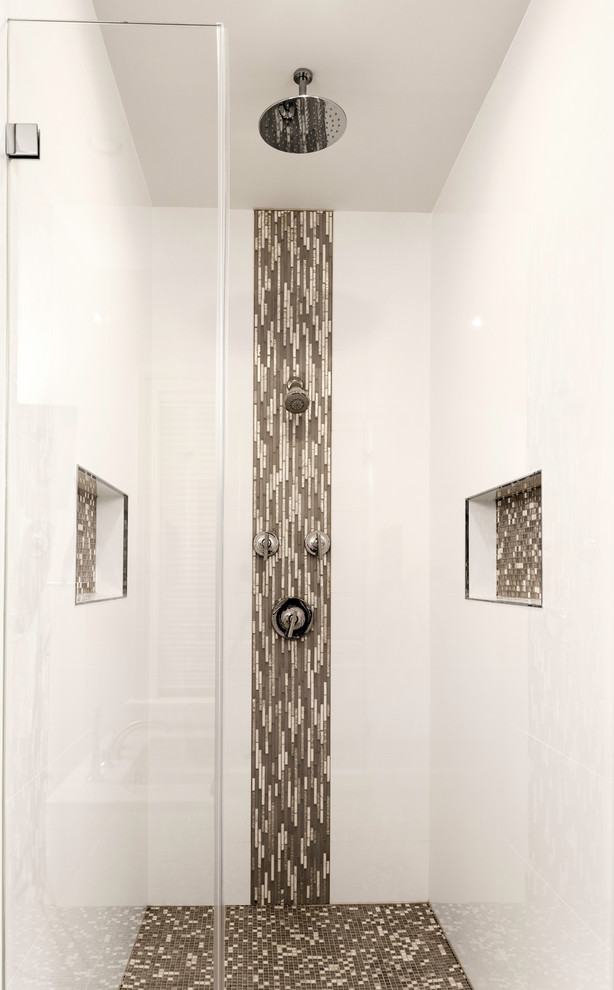 Transitional bathroom in DC Metro with an alcove shower, gray tile and mosaic tile.