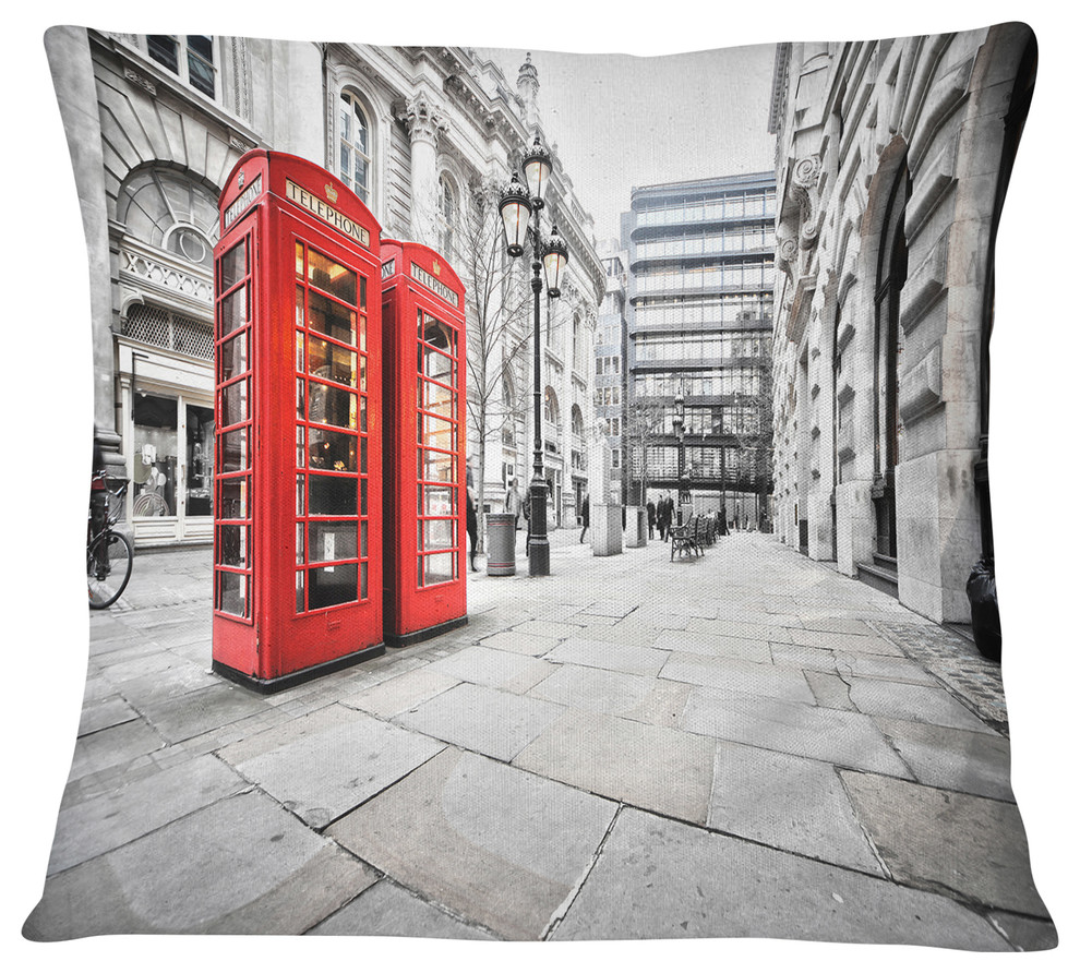 Phone Booths on Street Cityscape Throw Pillow, 18"x18"