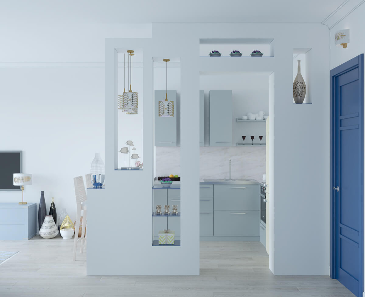 Перегородка для зонирования кухни в апартаментах