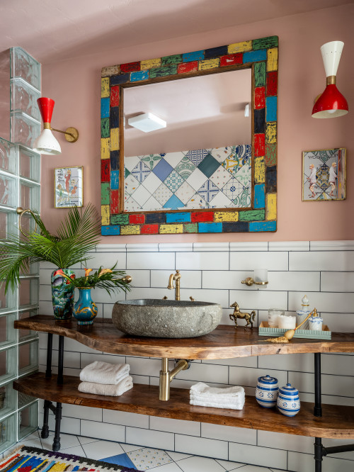 Eclectic Bathroom with Wood Vanity and Subway Tile Backsplash
