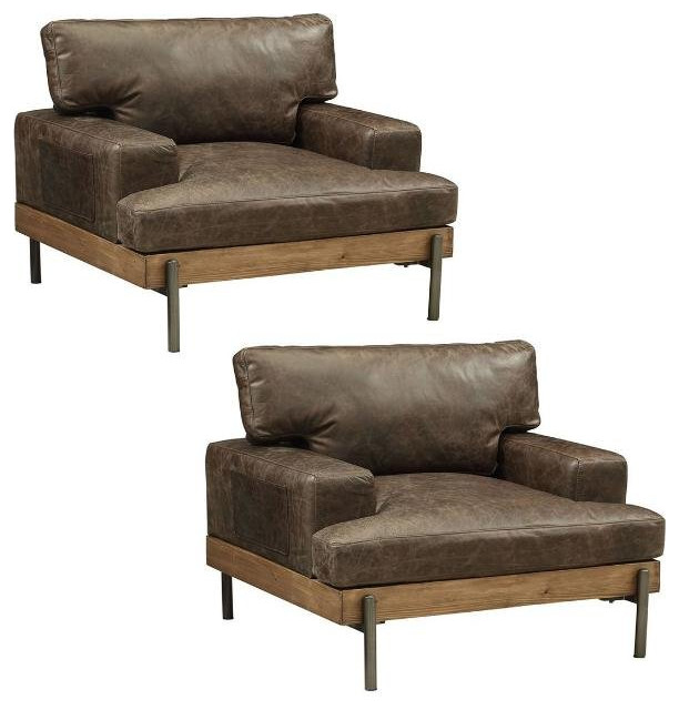 Home Square 2 Piece Leather Accent Chair Set in Oak and Distress Chocolate