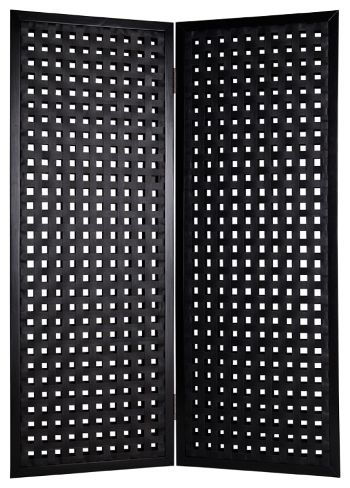 2 Panel Room Divider with Leatherette Interwoven Square Cut Outs, Black