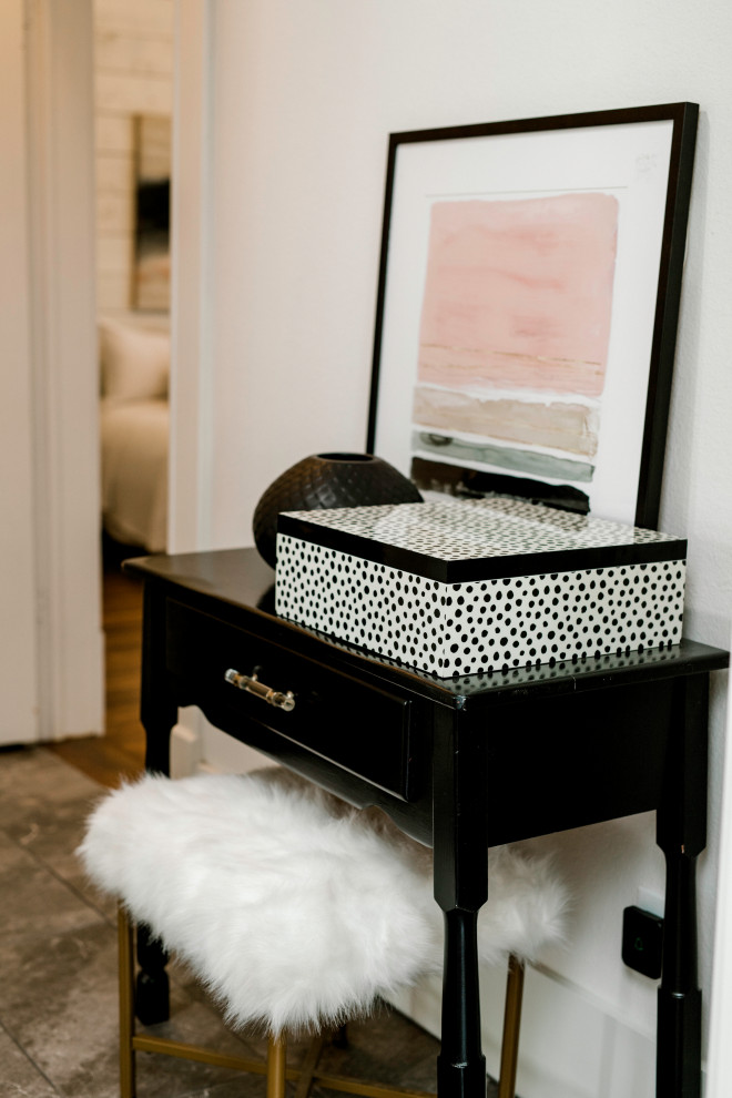 Hallway - small transitional concrete floor, gray floor and shiplap ceiling hallway idea with white walls