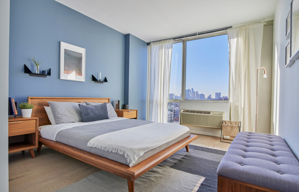 This is an example of a medium sized contemporary master bedroom in New York with blue walls, light hardwood flooring, no fireplace and brown floors.