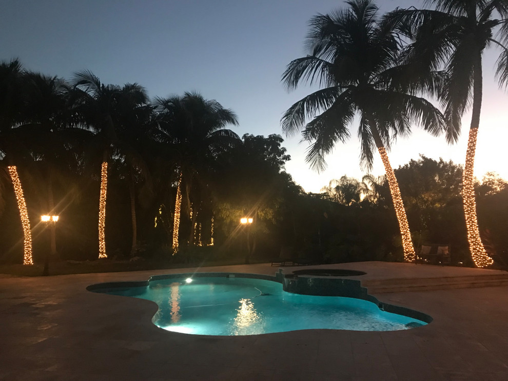 Mid-sized tropical backyard pool in Miami.