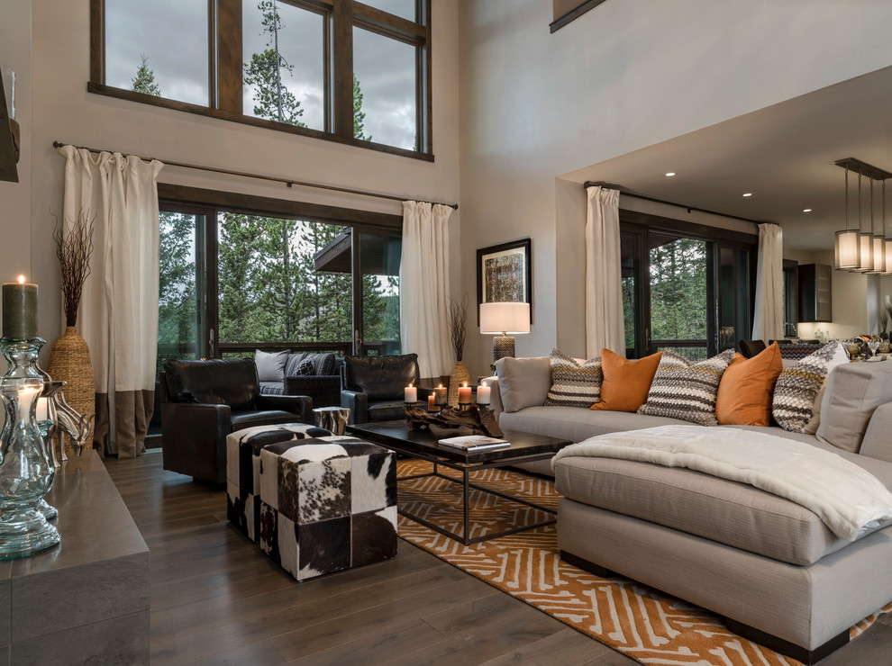 Photo of a large modern open concept living room in Seattle with porcelain floors.