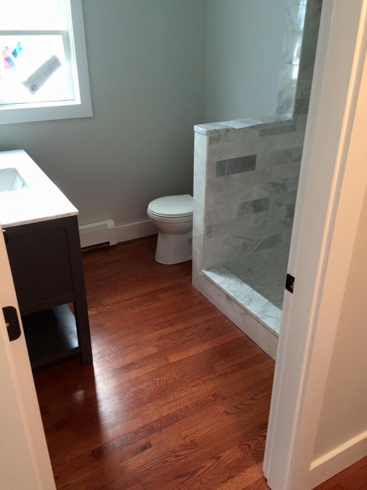 Inspiration for a mid-sized transitional master porcelain tile medium tone wood floor alcove shower remodel in Boston with a two-piece toilet