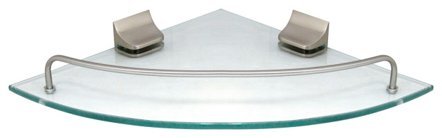 MODONA's 9.5" Glass Corner Shelf With Rail, Satin Nickel