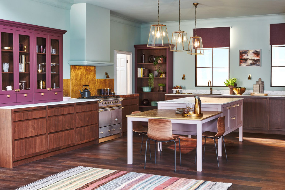 Photo of a large traditional u-shaped open plan kitchen in Other with flat-panel cabinets and with island.
