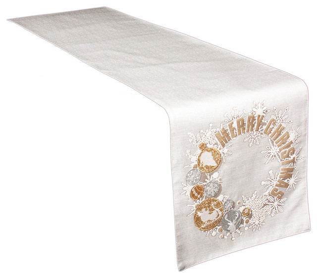 Ornament Wreath Christmas Table Runner, Off White, 13.5"x72", 13.5"x72 ...