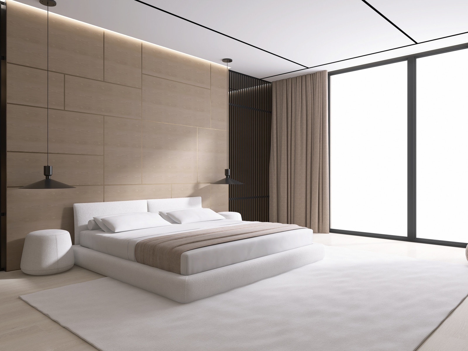 Мастер-блок с собственным гардеробом, необычным полками для книг и ковром на всю