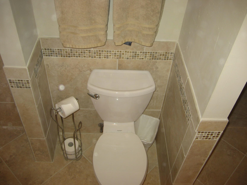 Bathroom - large transitional master beige tile bathroom idea in Austin with a one-piece toilet