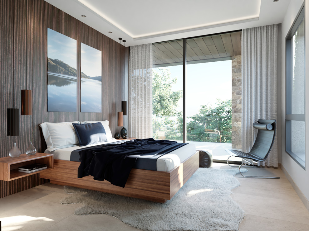 Inspiration for a contemporary bedroom in Other with white walls and beige floor.