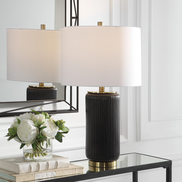 Contemporary 14" x 25.5" Metal Ceramic Black and Gold Lamp, 14-in W x ...