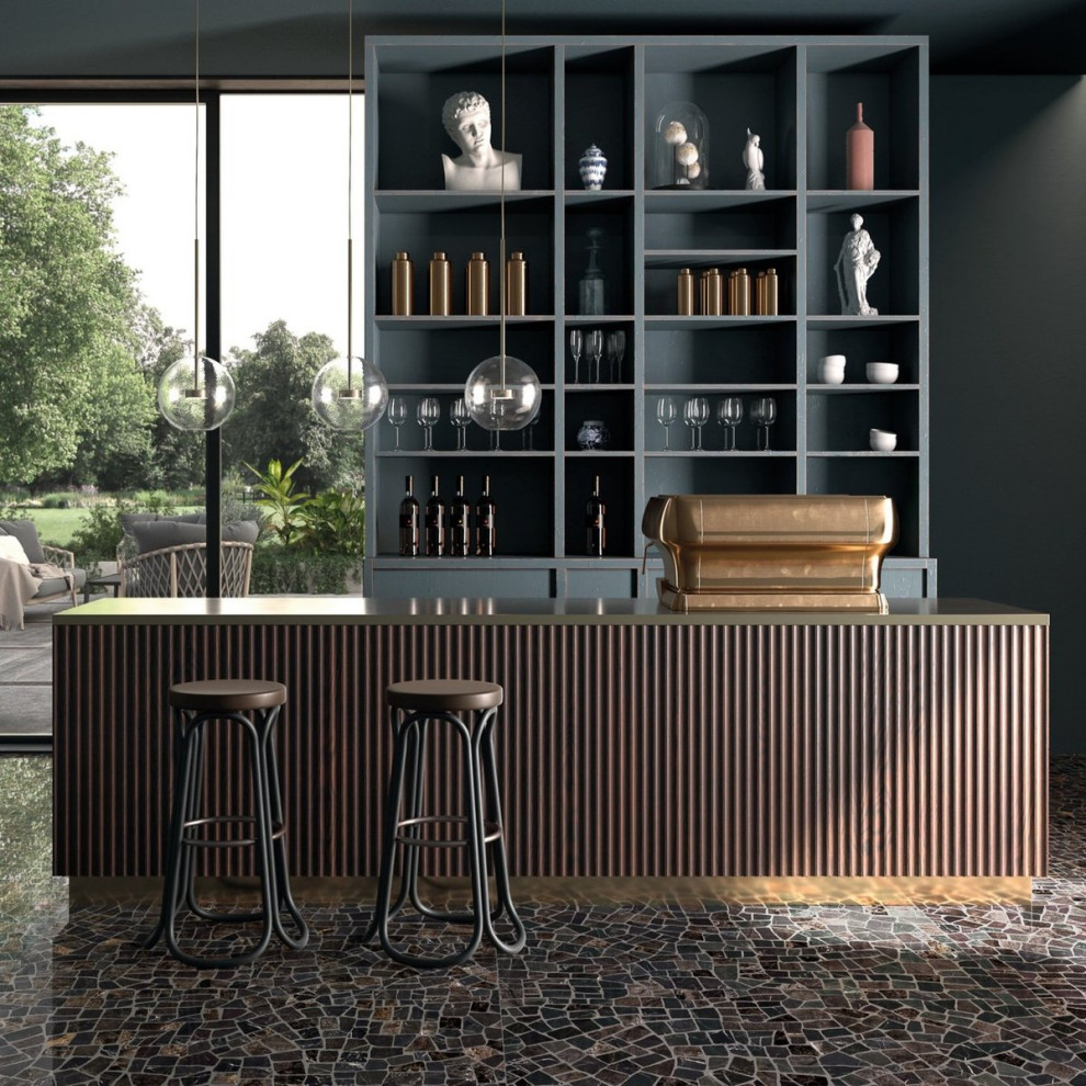 Cette image montre un bar de salon design avec un sol en carrelage de porcelaine et un sol multicolore.