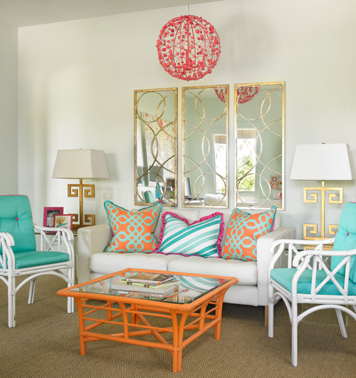 Colourful Rattan in white room with colourful cushions