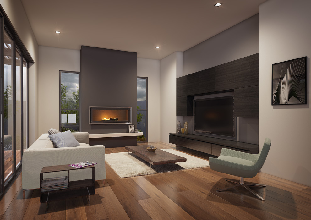 This is an example of a mid-sized contemporary open concept living room in Melbourne with white walls, medium hardwood floors, a standard fireplace, a plaster fireplace surround and a wall-mounted tv.