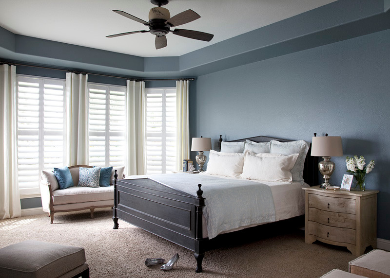 Photo of a transitional bedroom in Austin with blue walls and carpet.